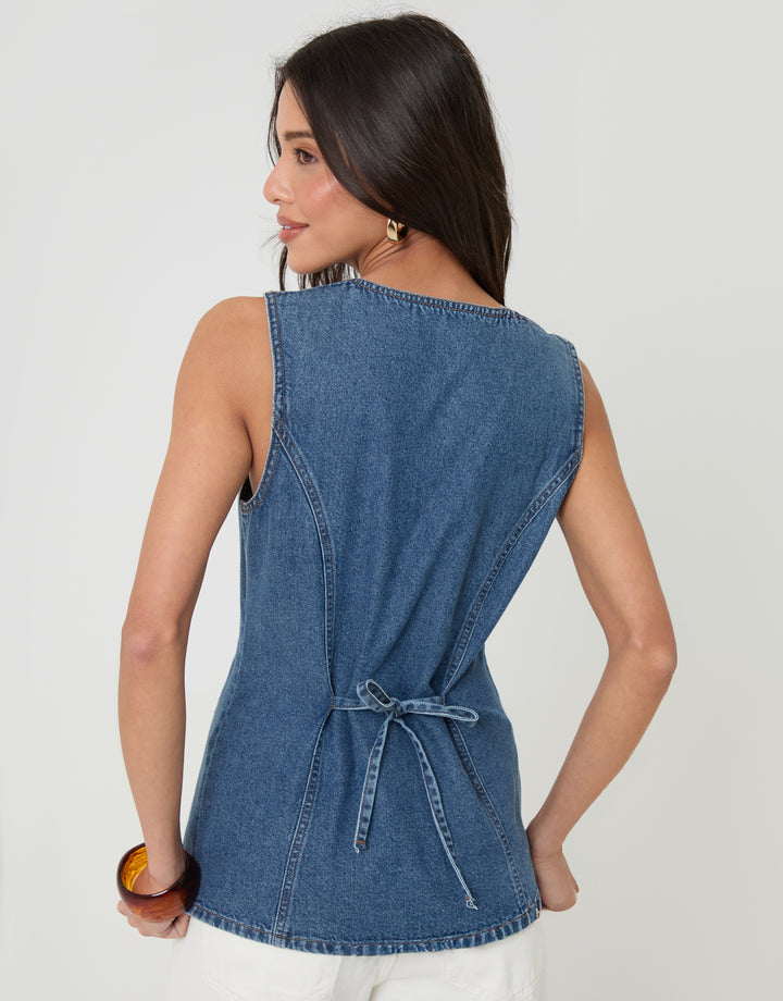 Threadbare Denim Longline V-Neck Waistcoat in Mid Wash - back view