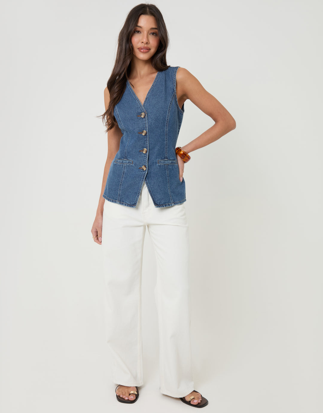 Threadbare Denim Longline V-Neck Waistcoat in Mid Wash - full body
