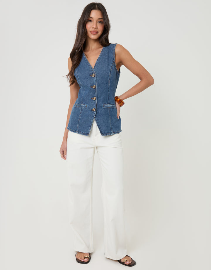 Threadbare Denim Longline V-Neck Waistcoat in Mid Wash - full body