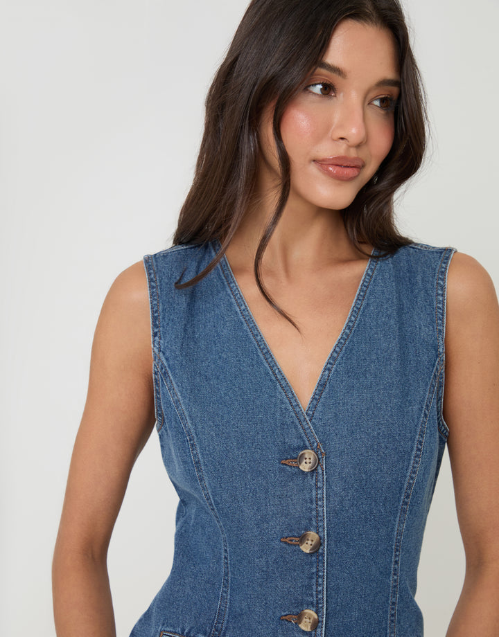 Threadbare Denim Longline V-Neck Waistcoat in Mid Wash - neckline close up