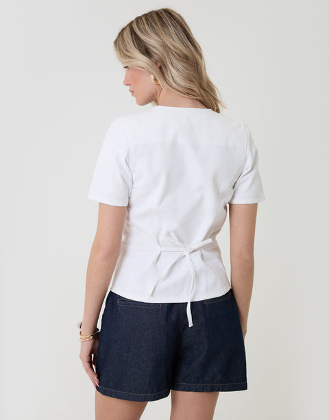Threadbare Denim Longline Angel Sleeve Top in White - back view