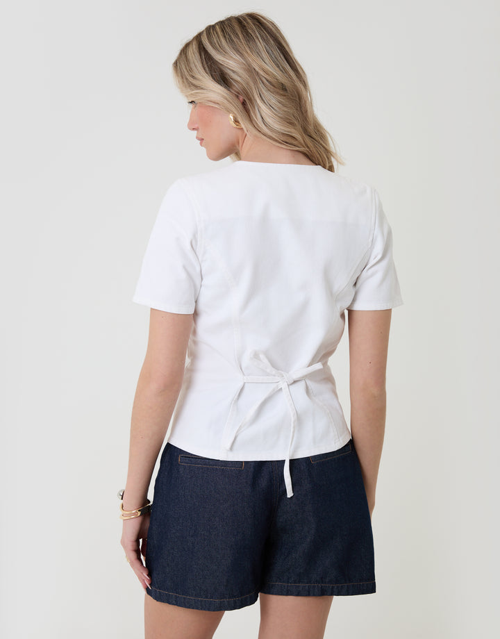 Threadbare Denim Longline Angel Sleeve Top in White - back view
