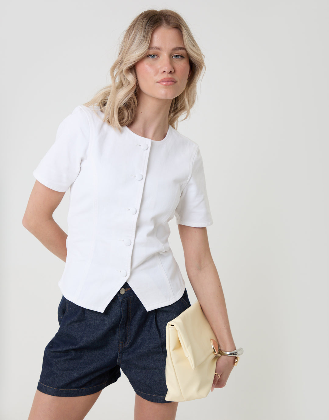 Threadbare Denim Longline Angel Sleeve Top in White - handbag shot