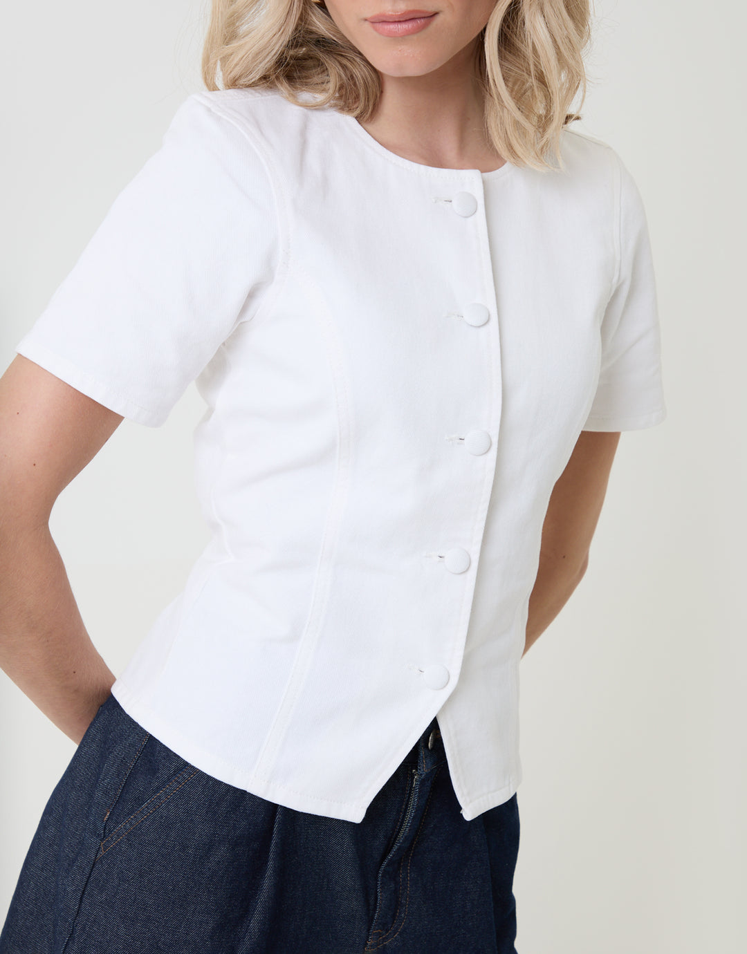 Threadbare Denim Longline Angel Sleeve Top in White - front view close up