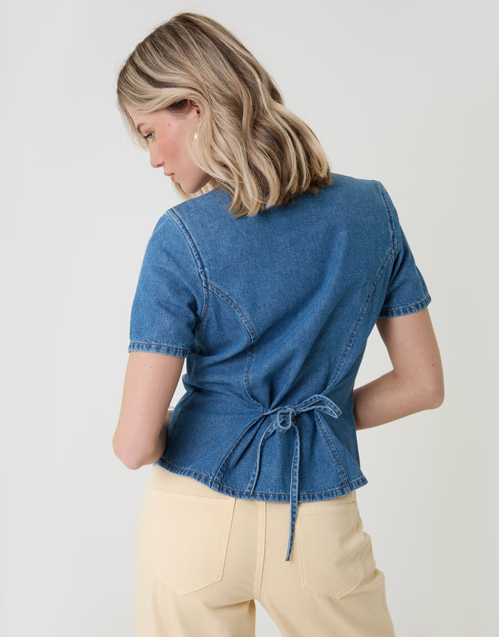 Threadbare Denim Longline Angel Sleeve Top in Mid Wash - back view