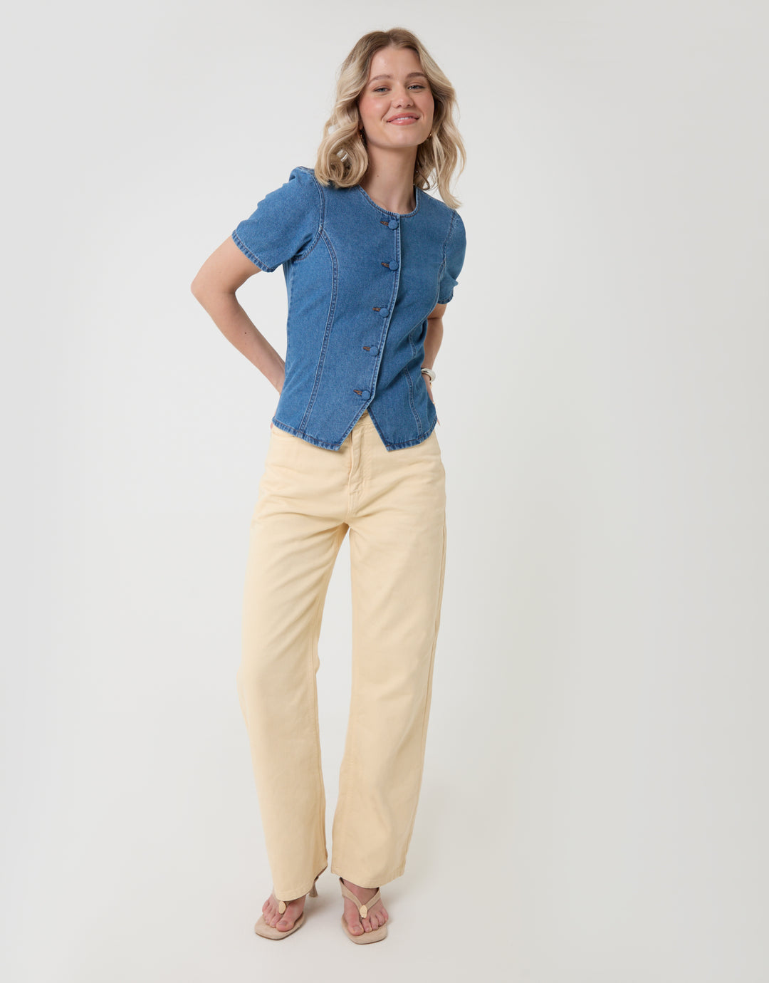 Threadbare Denim Longline Angel Sleeve Top in Mid Wash - full body