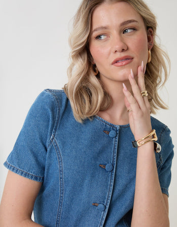 Threadbare Denim Longline Angel Sleeve Top in Mid Wash - neckline close up