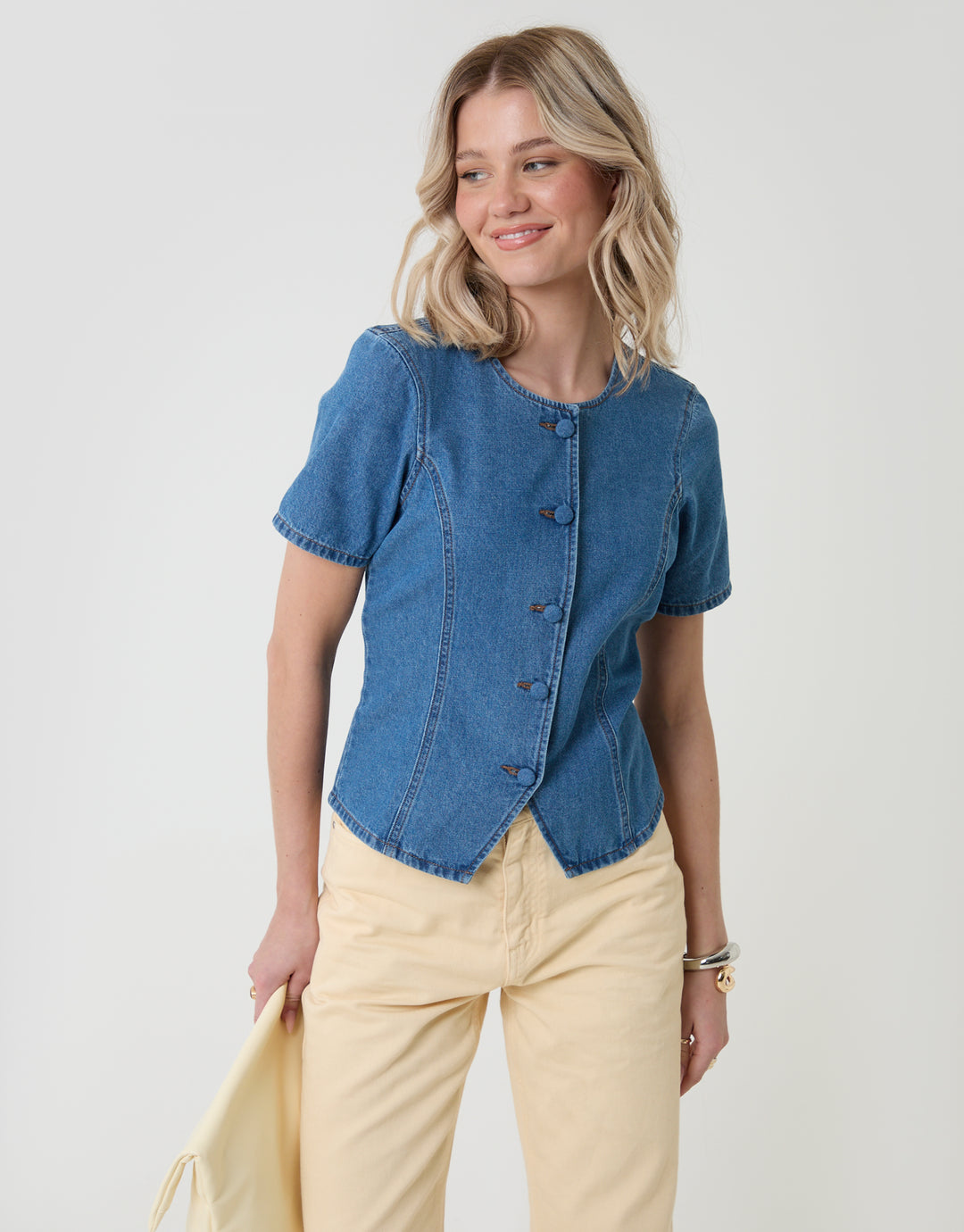 Threadbare Denim Longline Angel Sleeve Top in Mid Wash - front view