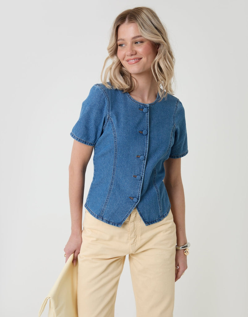 Denim Longline Angel Sleeve Top Mid Wash