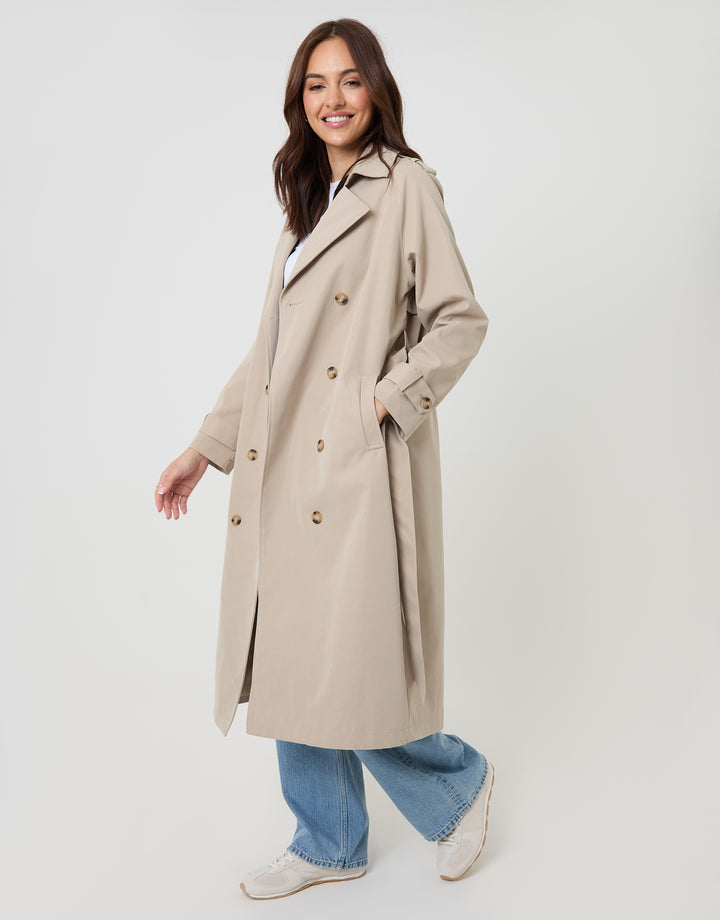 Stone Double Breasted Longline Trench Coat