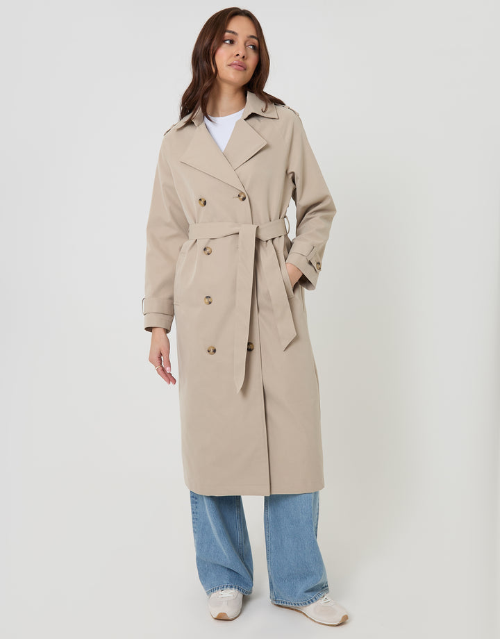 Stone Double Breasted Longline Trench Coat