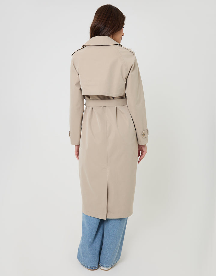 Stone Double Breasted Longline Trench Coat