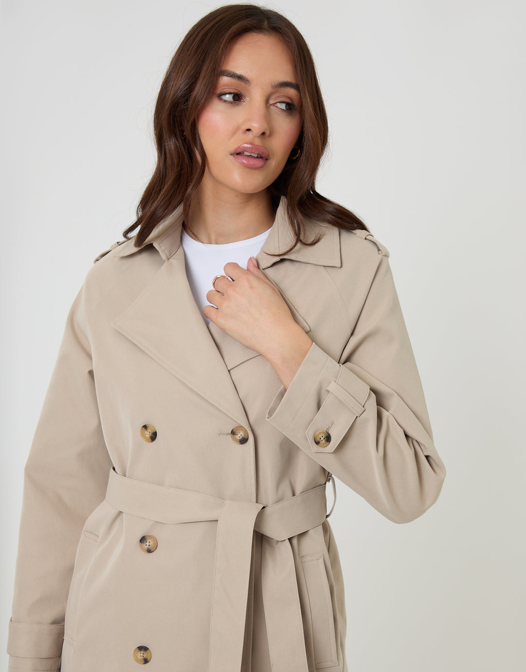 Stone Double Breasted Longline Trench Coat