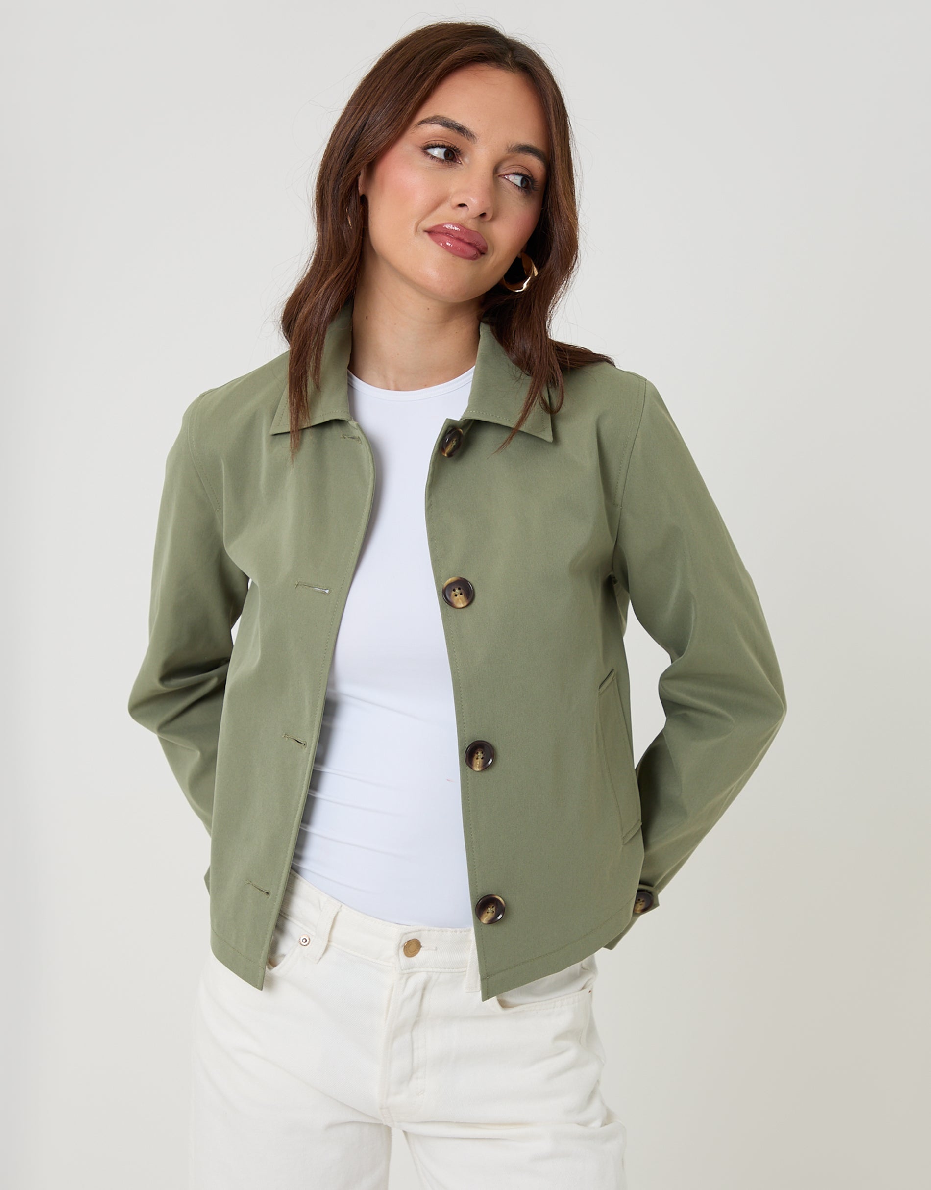Cropped Collared Trench Coat in Khaki Green
