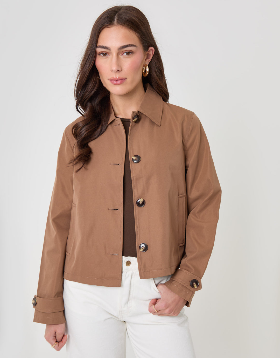 Cropped Collared Trench Coat in Mocha Brown