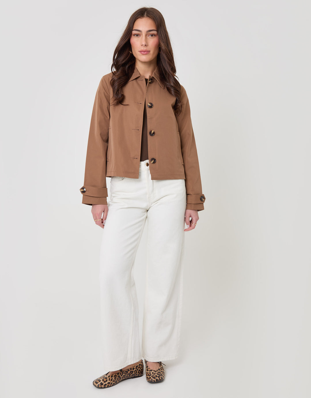 Cropped Collared Trench Coat in Mocha Brown
