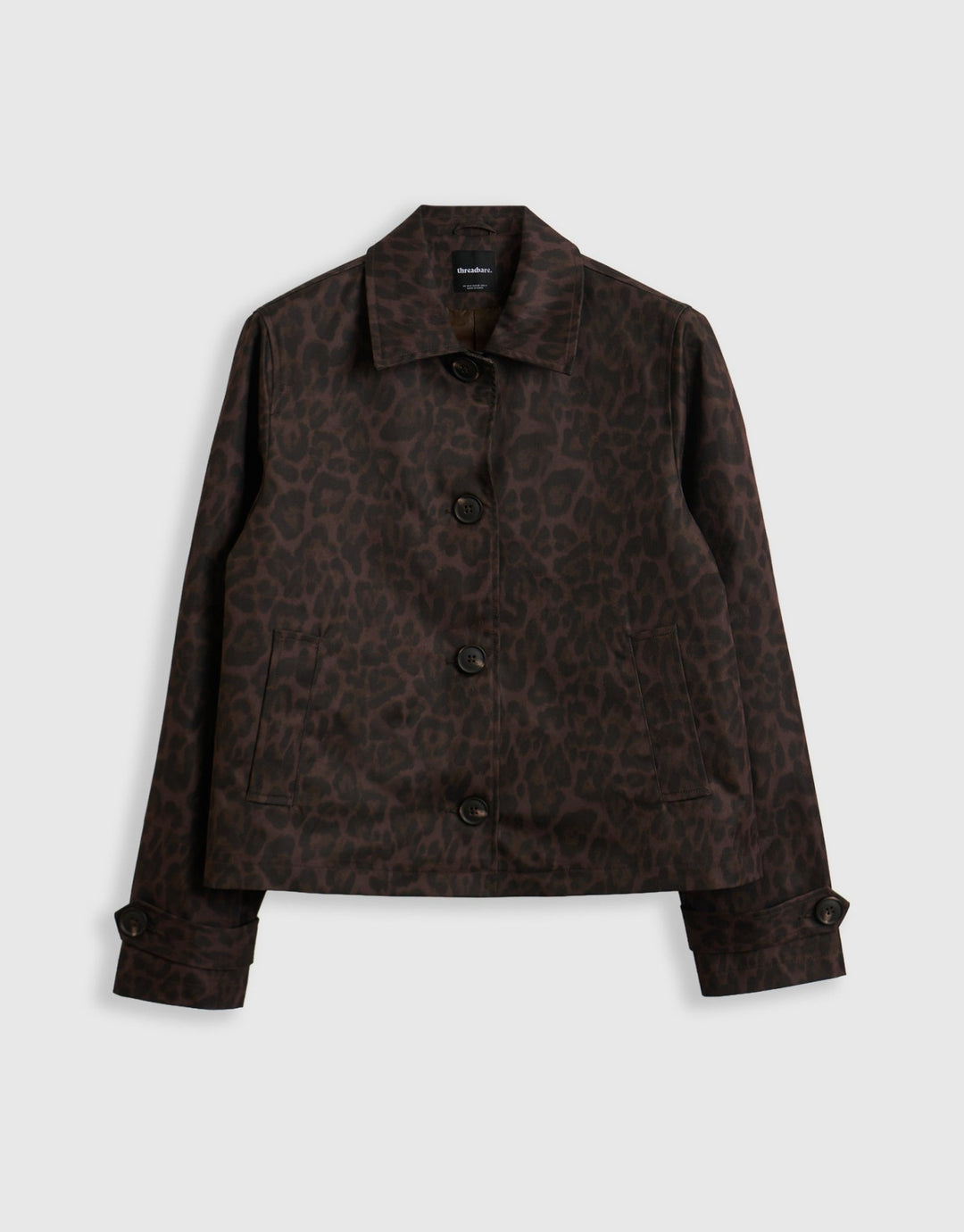 Threadbare Cropped Collared Trench Coat in Leopard Print - mannequin image