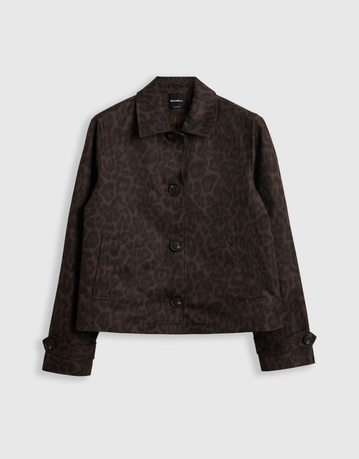 Threadbare Cropped Collared Trench Coat in Leopard Print - mannequin image
