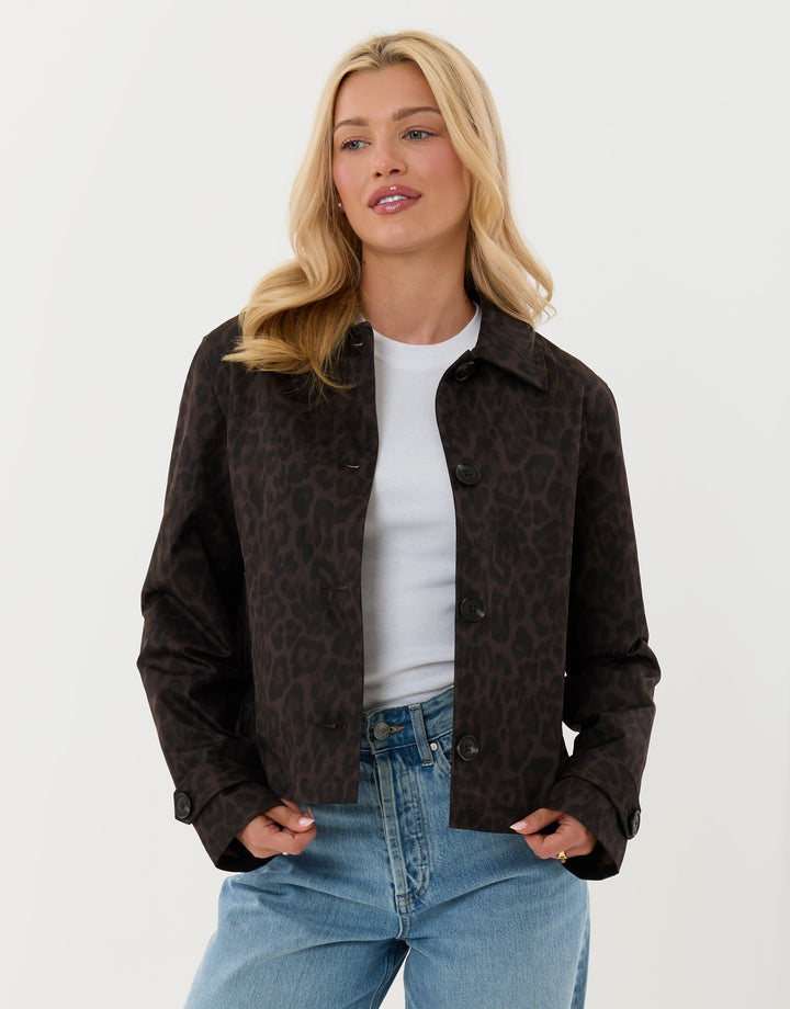Threadbare Cropped Collared Trench Coat in Leopard Print - front view unopen
