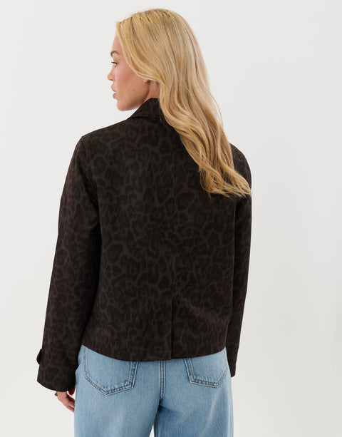 Threadbare Cropped Collared Trench Coat in Leopard Print - back view