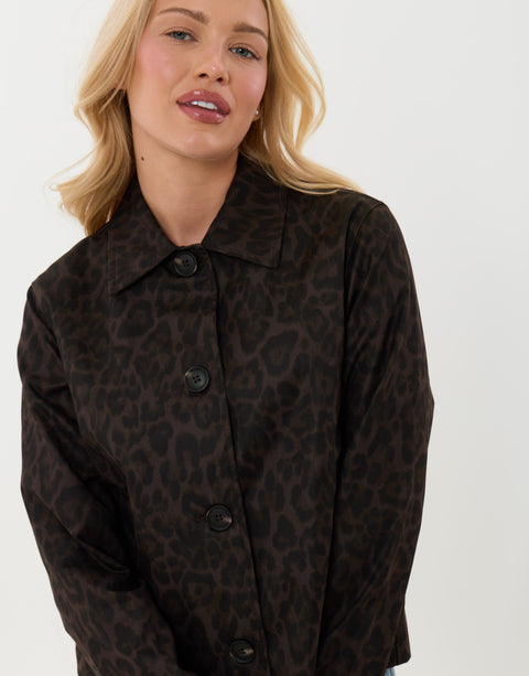 Threadbare Cropped Collared Trench Coat in Leopard Print - detail