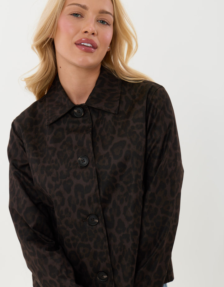 Threadbare Cropped Collared Trench Coat in Leopard Print - detail