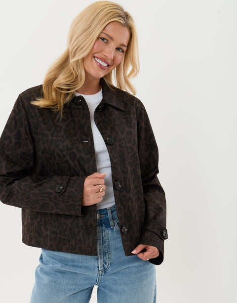 Threadbare Cropped Collared Trench Coat in Leopard Print - front view