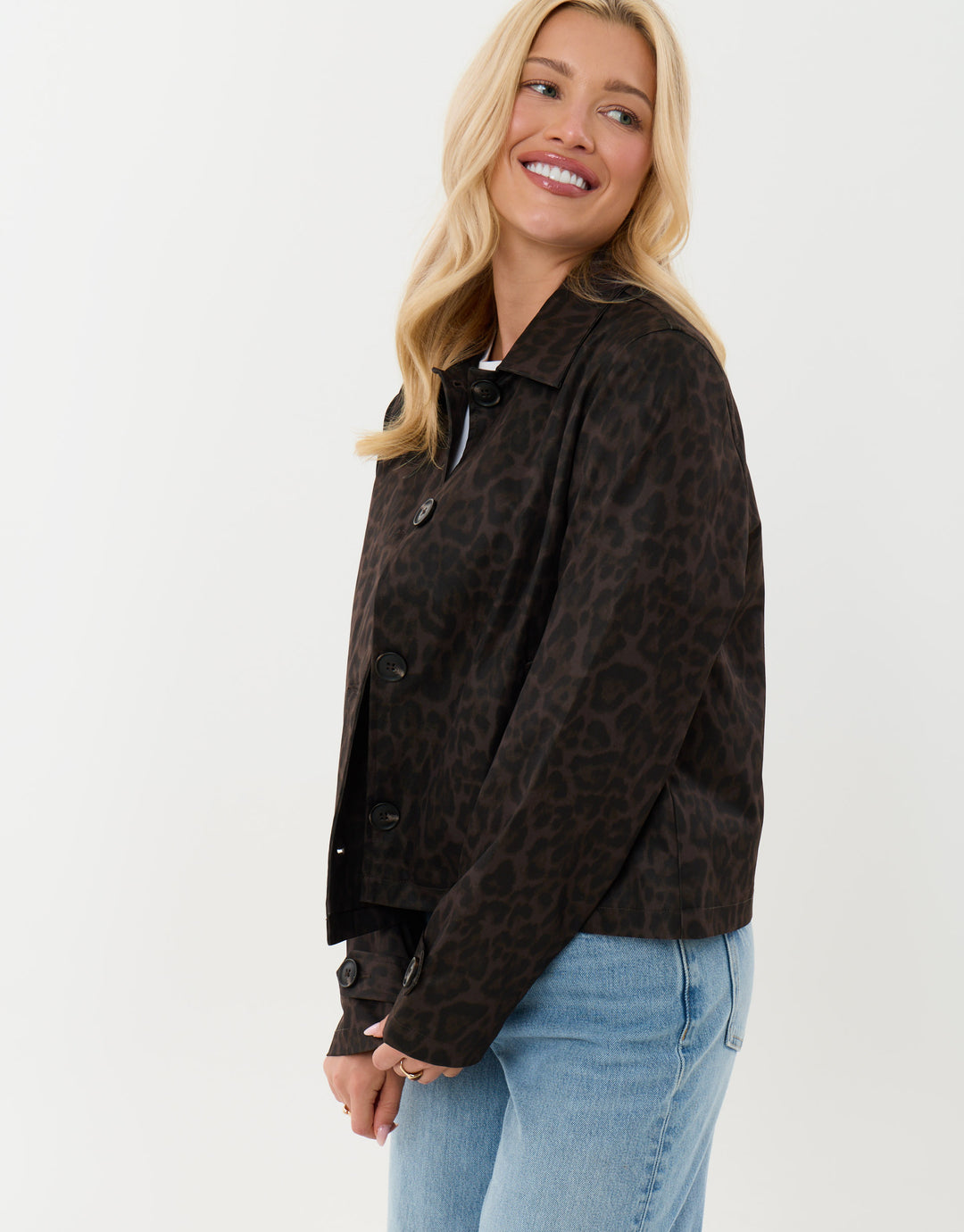 Threadbare Cropped Collared Trench Coat in Leopard Print - front view pose