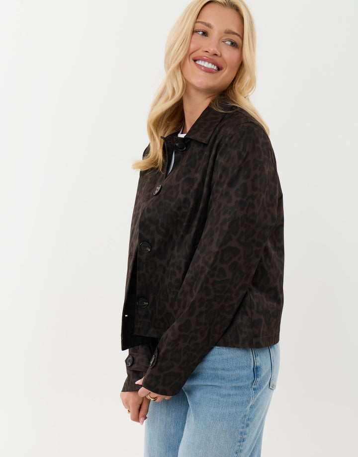 Threadbare Cropped Collared Trench Coat in Leopard Print - front view pose