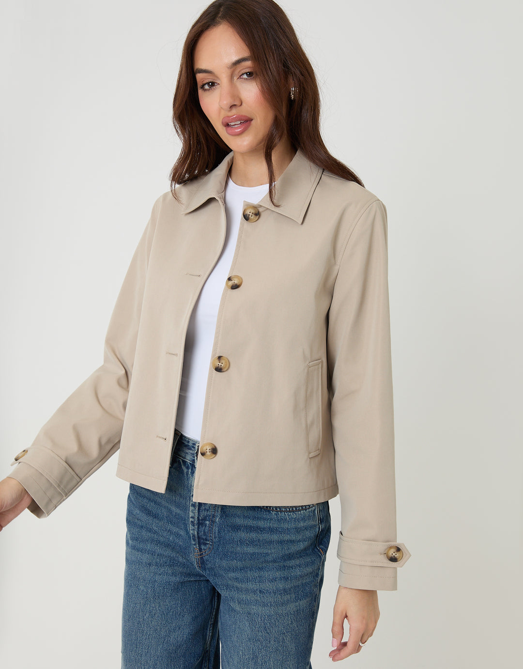 Threadbare Cropped Collared Trench Coat in Stone - front view