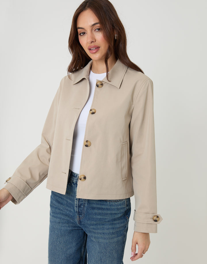 Threadbare Cropped Collared Trench Coat in Stone - front view