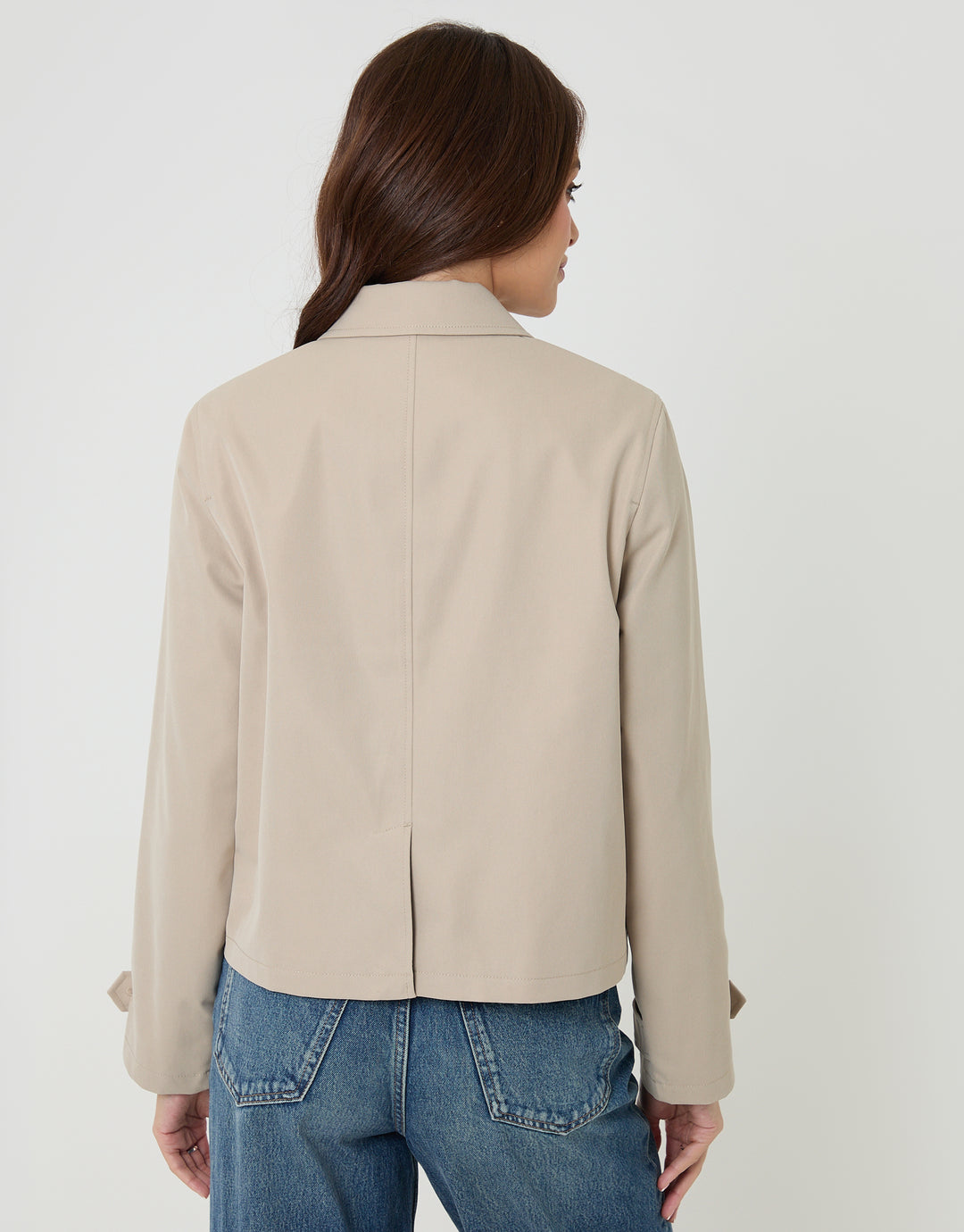 Threadbare Cropped Collared Trench Coat in Stone - back view