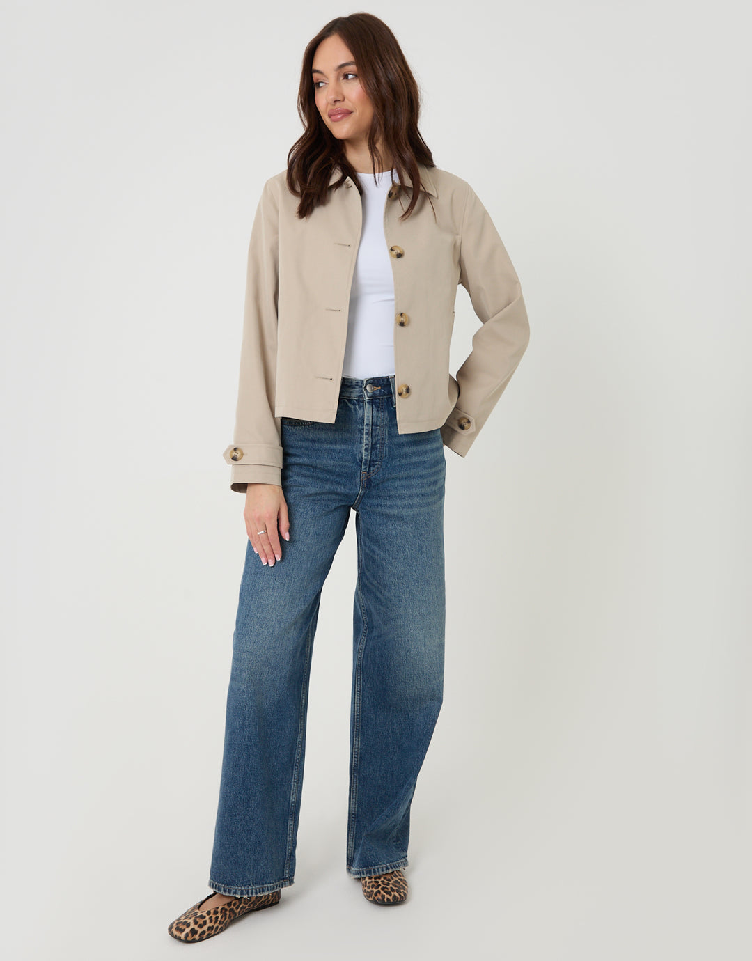 Threadbare Cropped Collared Trench Coat in Stone - full body