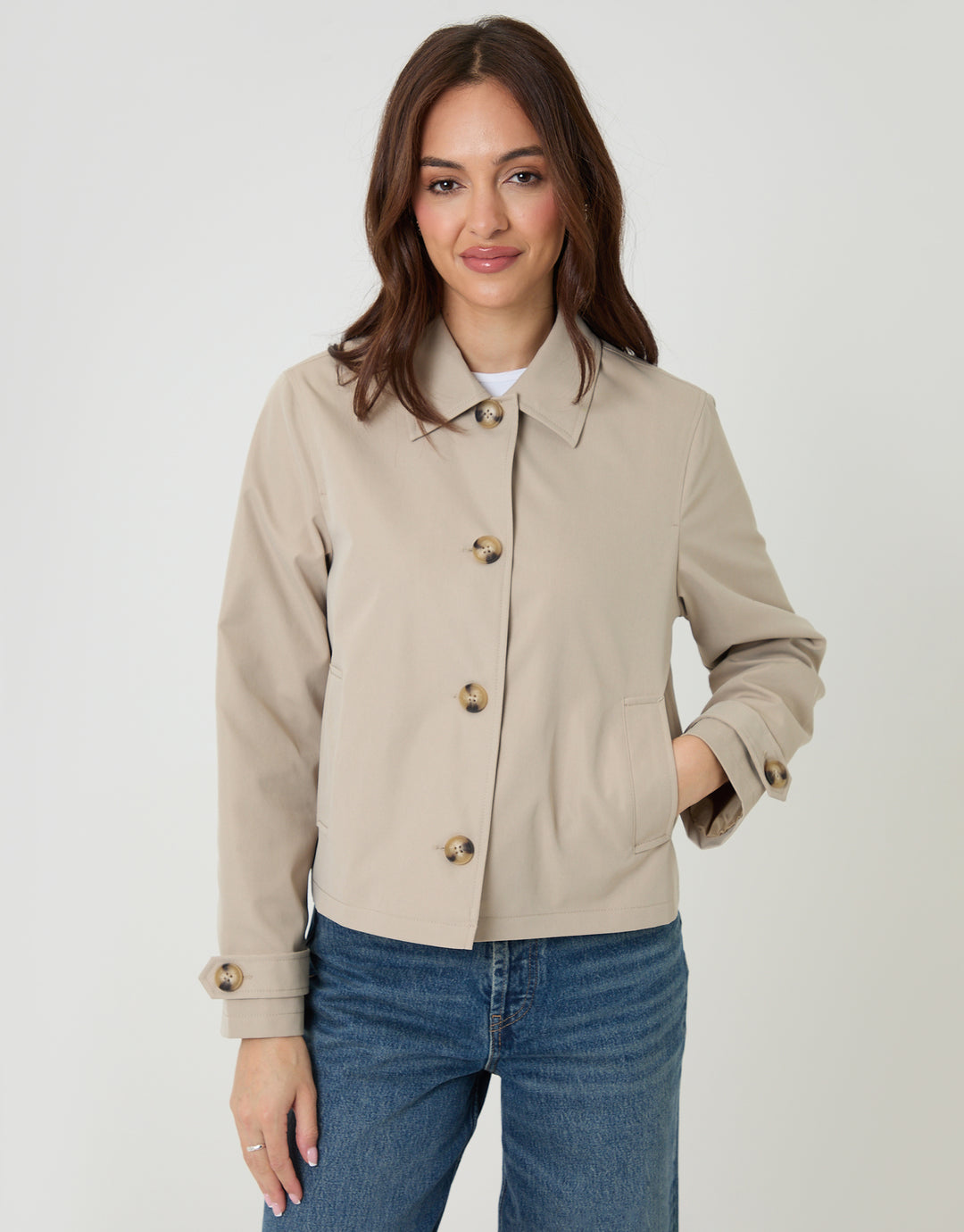 Threadbare Cropped Collared Trench Coat in Stone - front view, buttoned up