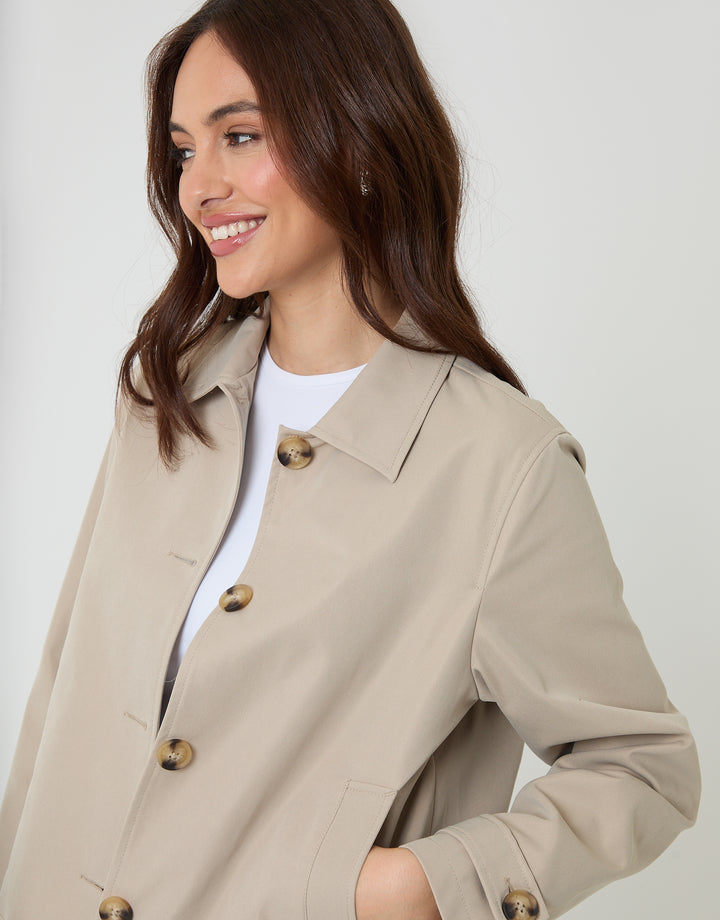 Threadbare Cropped Collared Trench Coat in Stone - side view