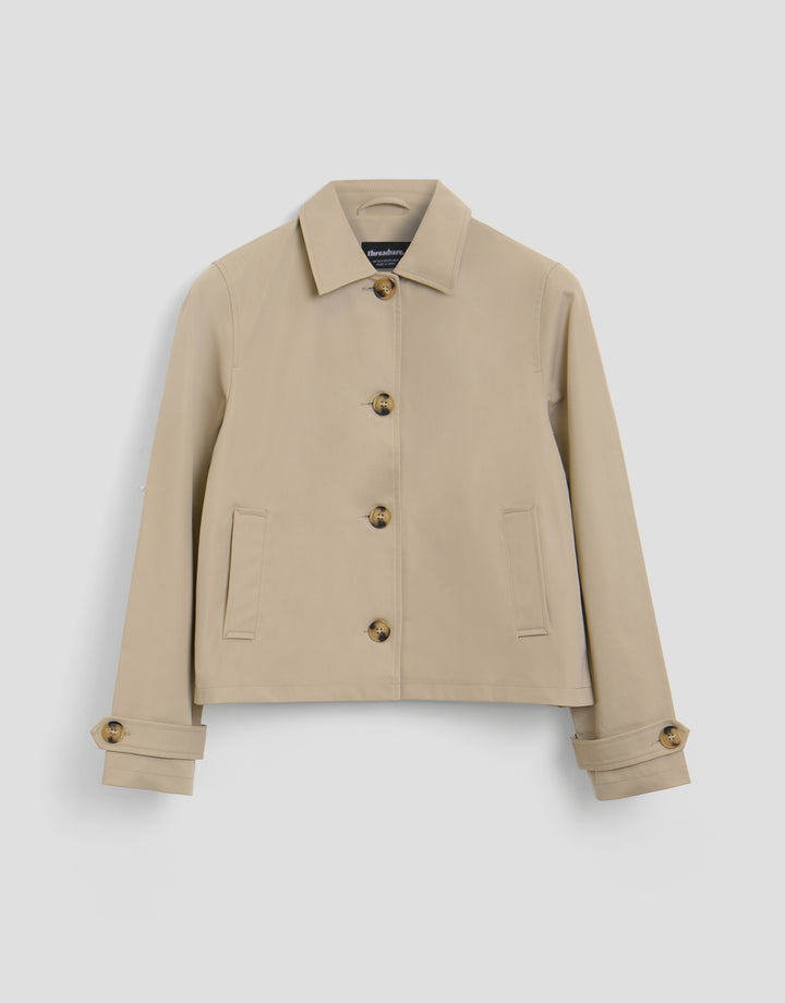 Threadbare Cropped Collared Trench Coat in Stone - flat lay