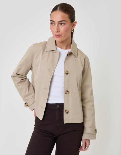 Threadbare Cropped Collared Trench Coat in Stone - front view