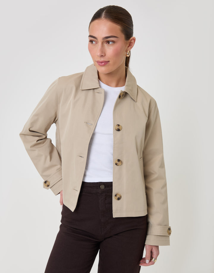 Threadbare Cropped Collared Trench Coat in Stone - front view