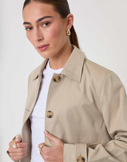 Threadbare Cropped Collared Trench Coat in Stone - close up
