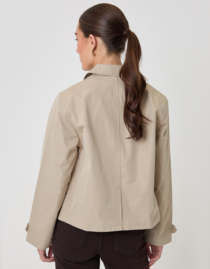 Threadbare Cropped Collared Trench Coat in Stone - back view