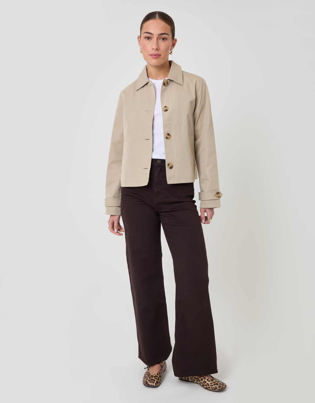 Threadbare Cropped Collared Trench Coat in Stone - full body