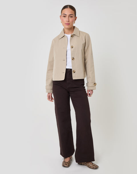 Threadbare Cropped Collared Trench Coat in Stone - full body