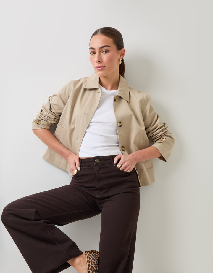 Threadbare Cropped Collared Trench Coat in Stone - front view