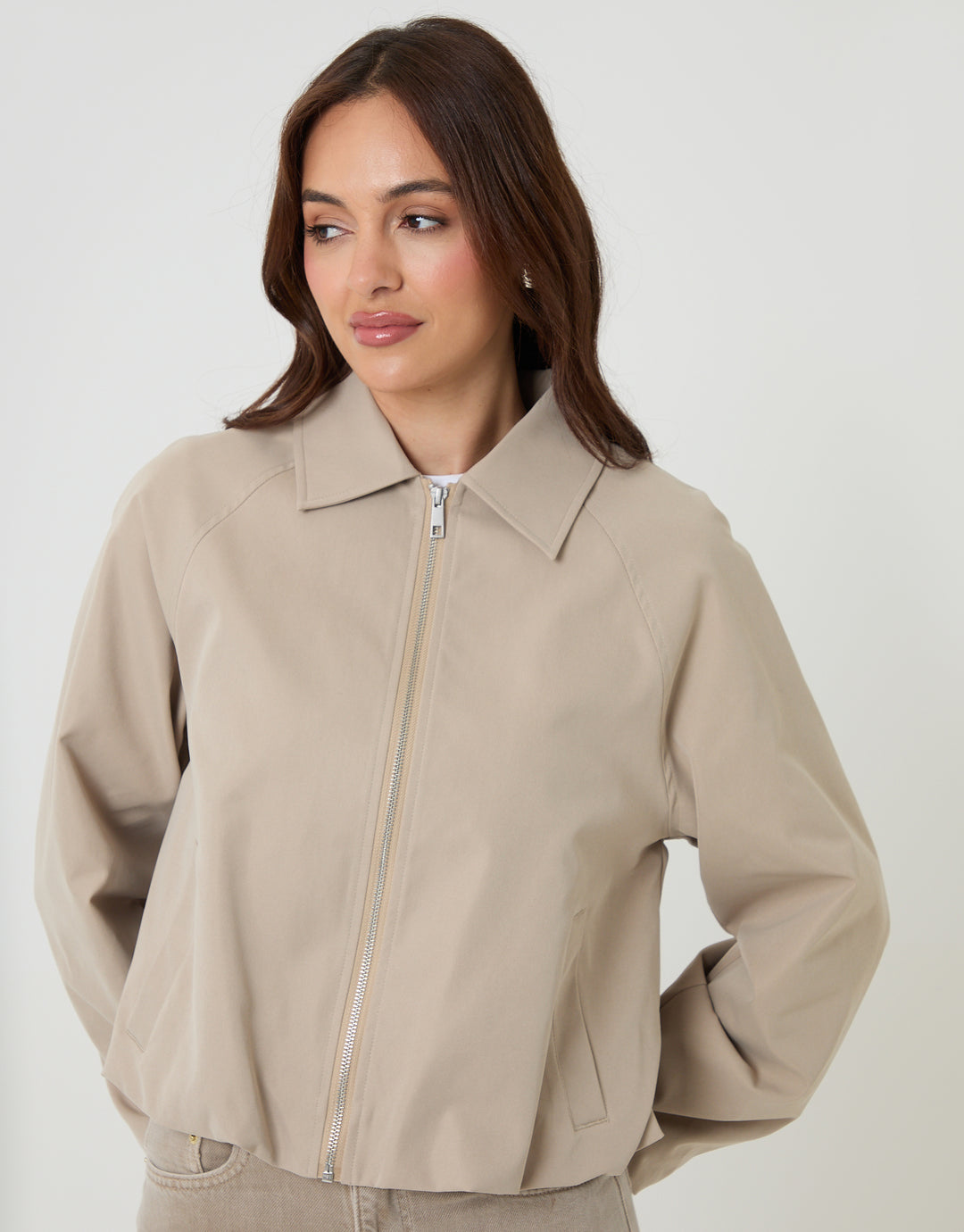Stone Zip Up Bubble Bomber Jacket with Collar