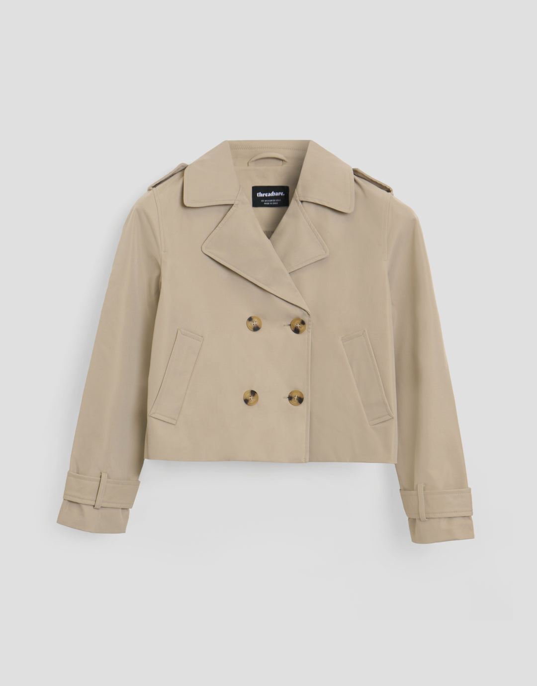Threadbare Petite Double Breasted Cropped Trench Coat in Stone - flat lay