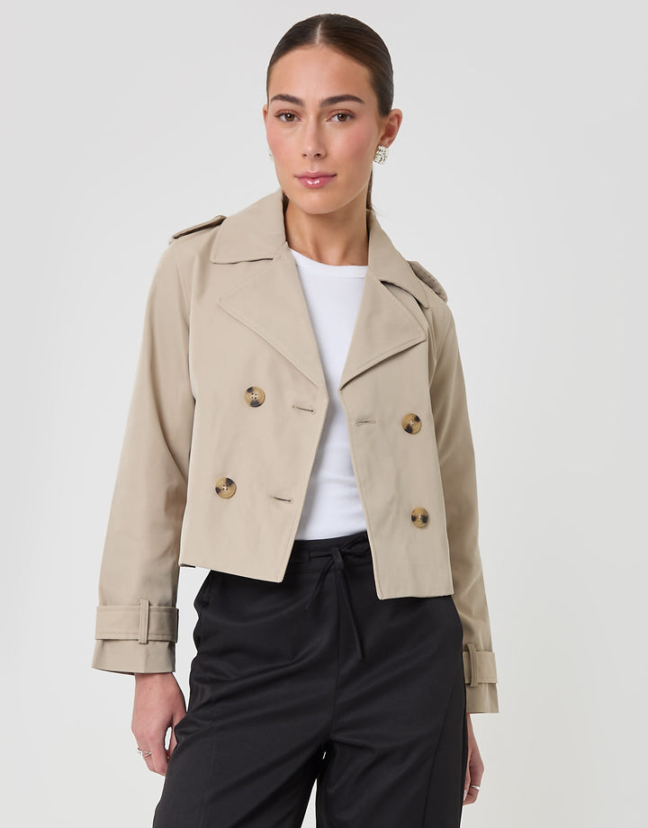 Threadbare Petite Double Breasted Cropped Trench Coat in Stone - front view