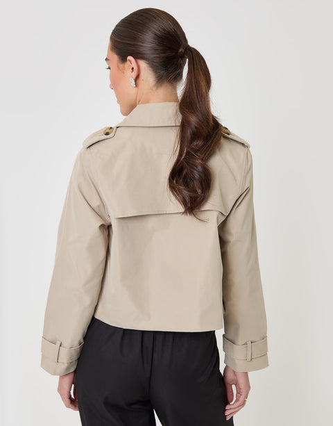 Threadbare Petite Double Breasted Cropped Trench Coat in Stone - back view