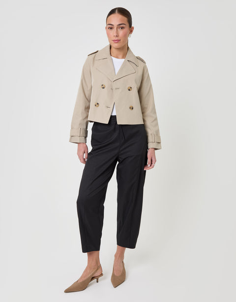 Threadbare Petite Double Breasted Cropped Trench Coat in Stone - full body