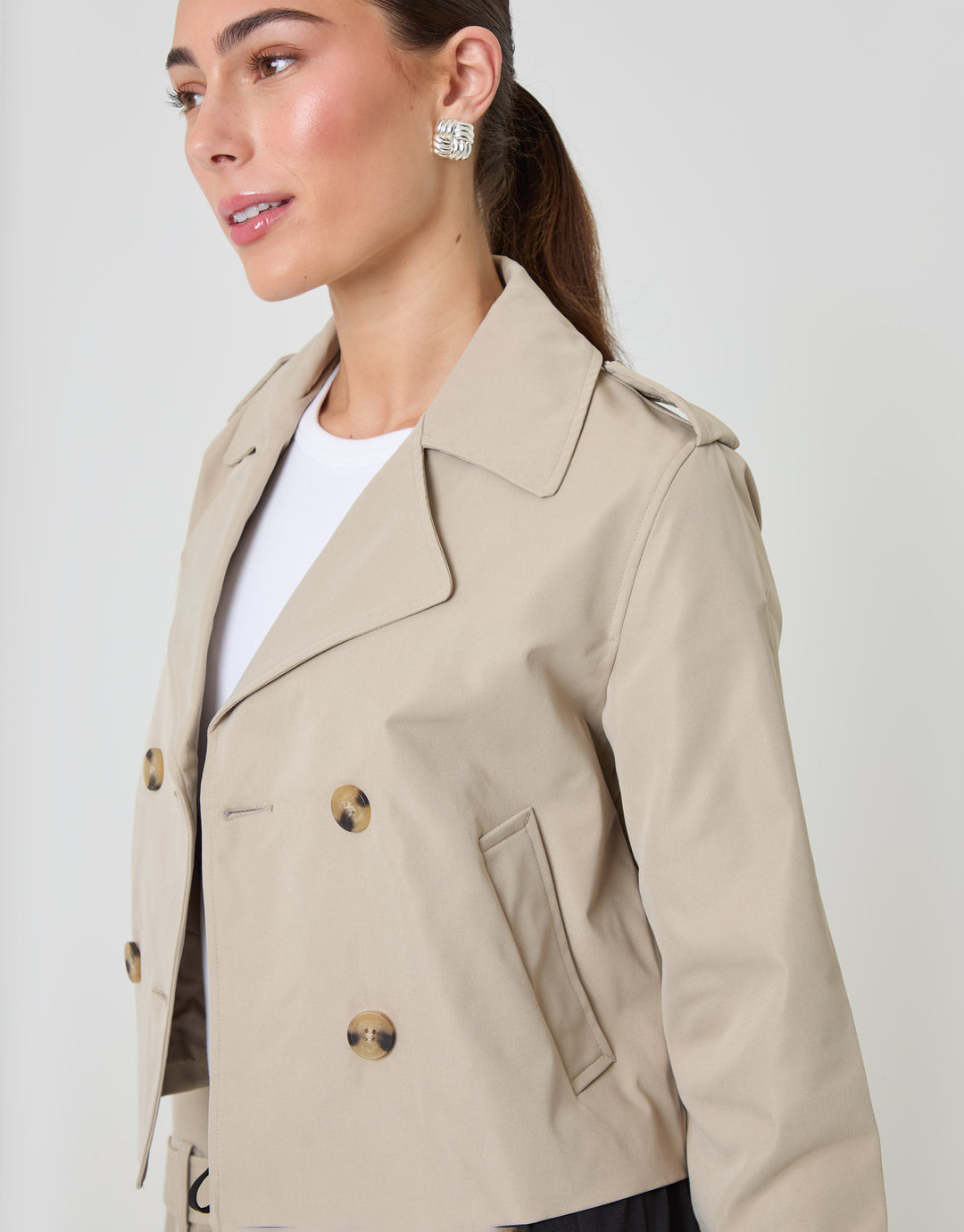 Threadbare Petite Double Breasted Cropped Trench Coat in Stone - close up