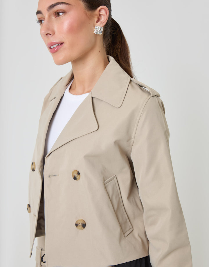 Threadbare Petite Double Breasted Cropped Trench Coat in Stone - close up